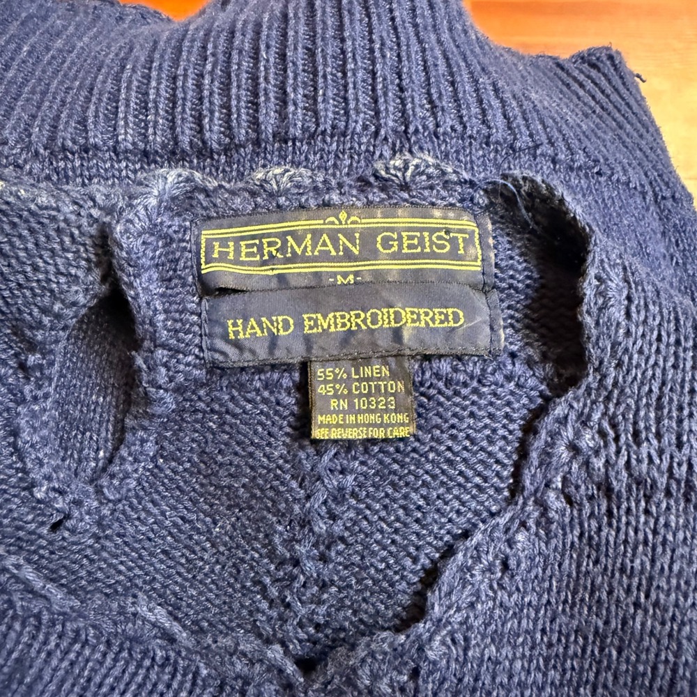 Herman Geist Sweater Women M Blue Hand Embroidered Floral Linen Cottagecore Top - Picture 5 of 5